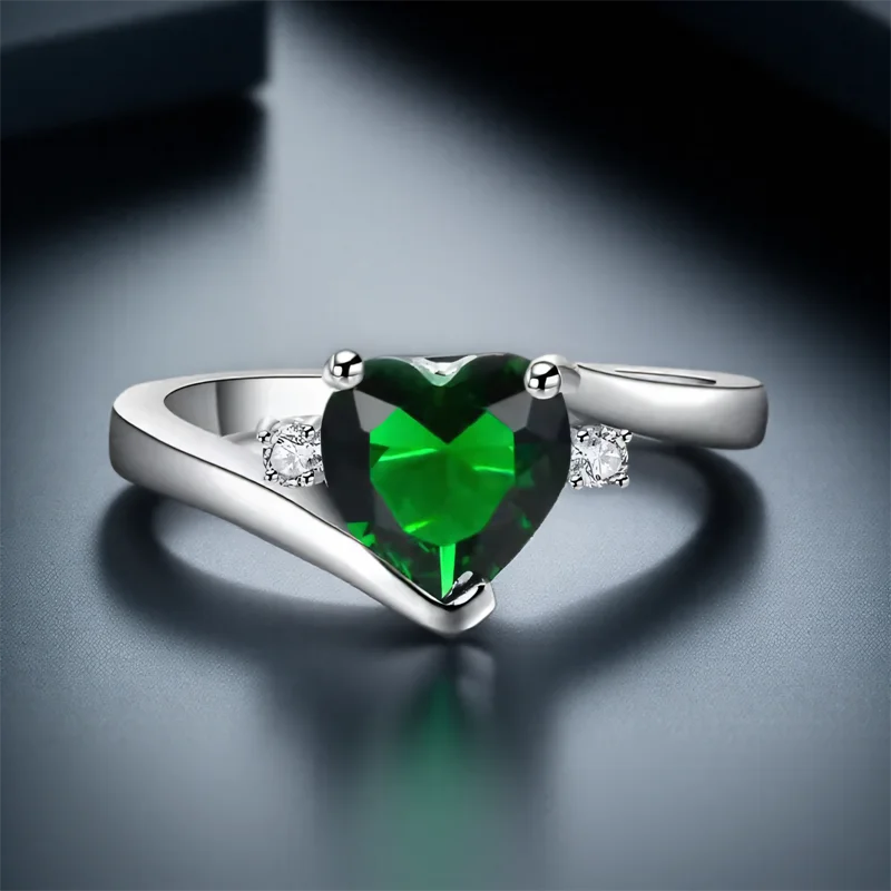 الأخضر كريستال الحب القلب حجر أمي خواتم للنساء خمر الفضة اللون العصابات الزفاف قد جوهرة الميلاد مجوهرات هدايا عيد الأم