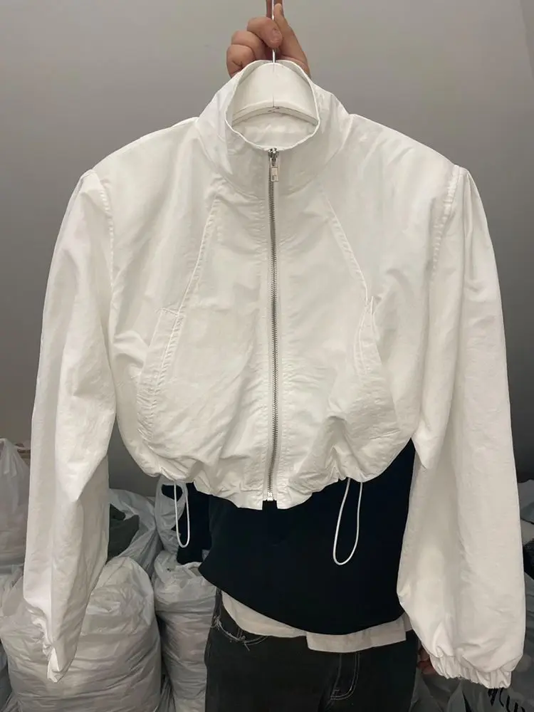 Women's Summer Thin Long Sleeve Stand Collar Sportswear UV Protection Coat Drawstring Zipper Short Length Fashion Outerwear