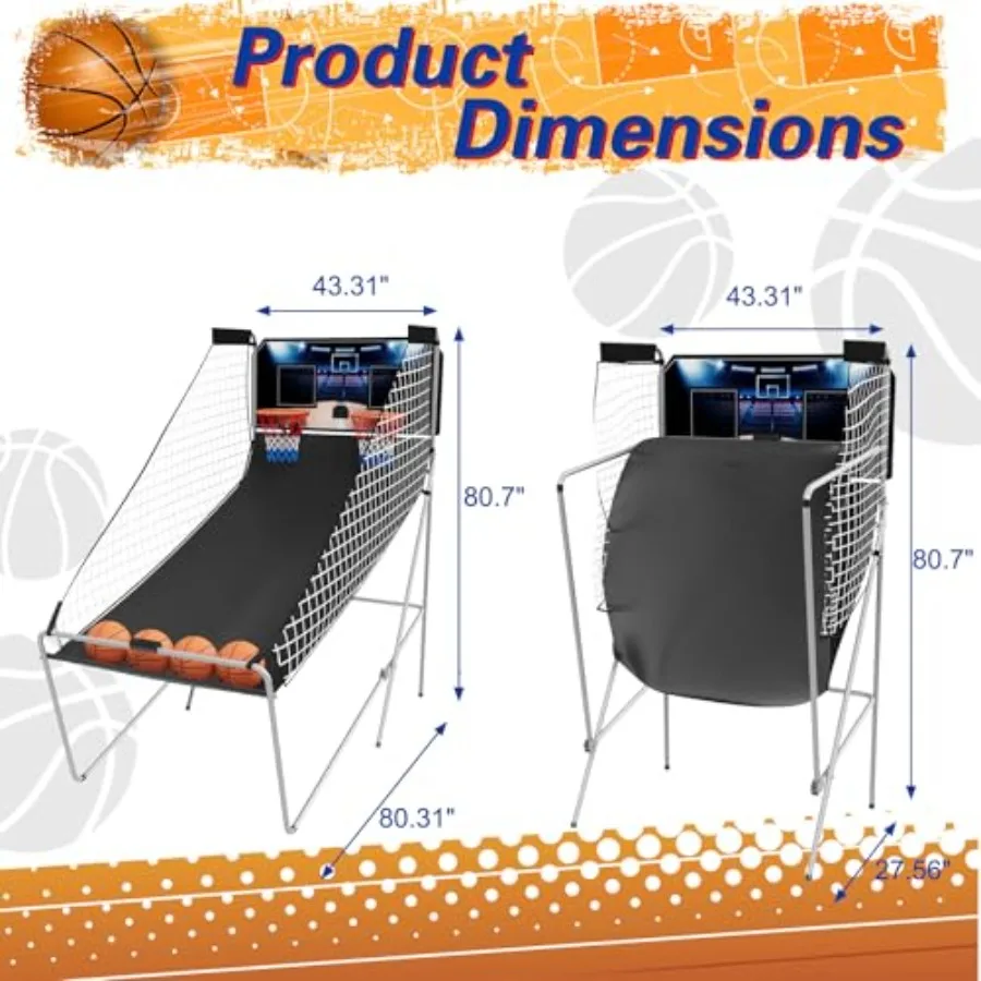 Arcade Basketball Game for indoor use, ABS plastic material, red and blue color, dual-shot electronic gameplay with 8 modes, LC