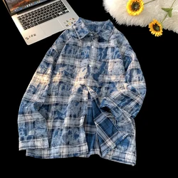 Retro Tie Dye Long Sleeve Plaid Shirt Jacket 2024 New Streetwear Couple Blouse Relaxed Casual Shirts Men Women Casual Clothing