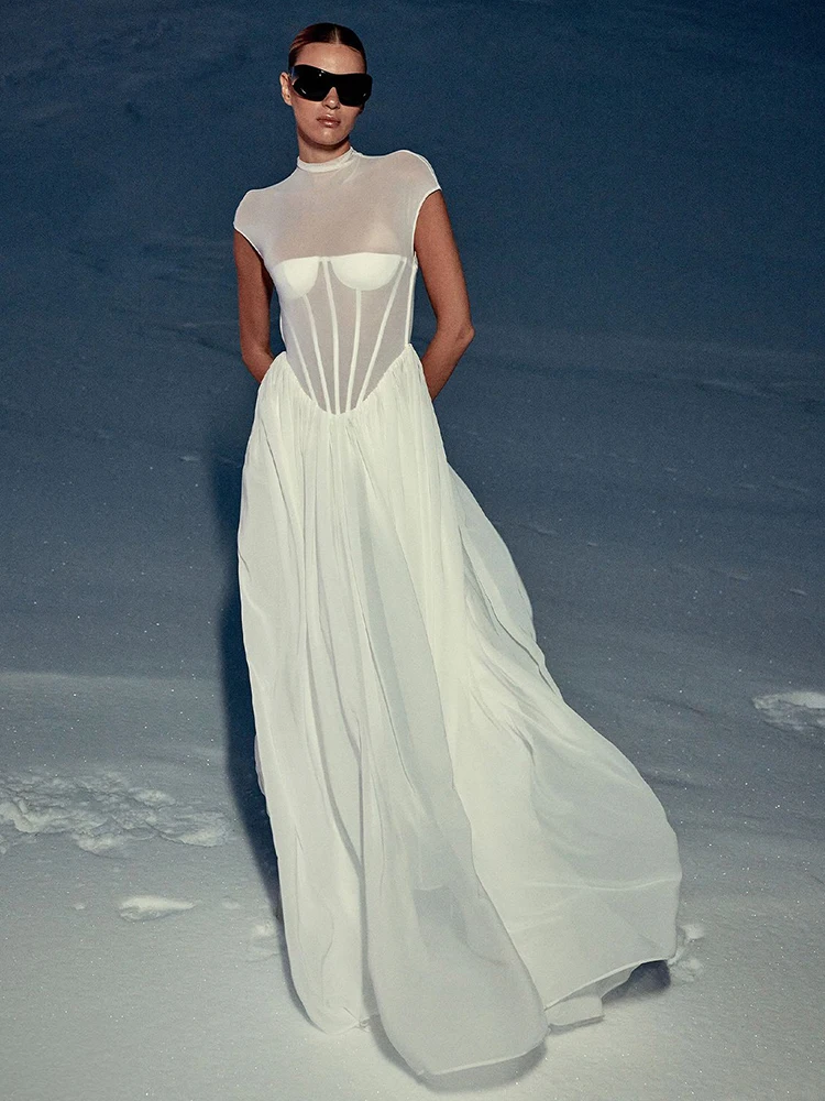 VC romantique éthéré col haut inspiré de la mariée robe longue blanche transparente pour robe de soirée de mariage