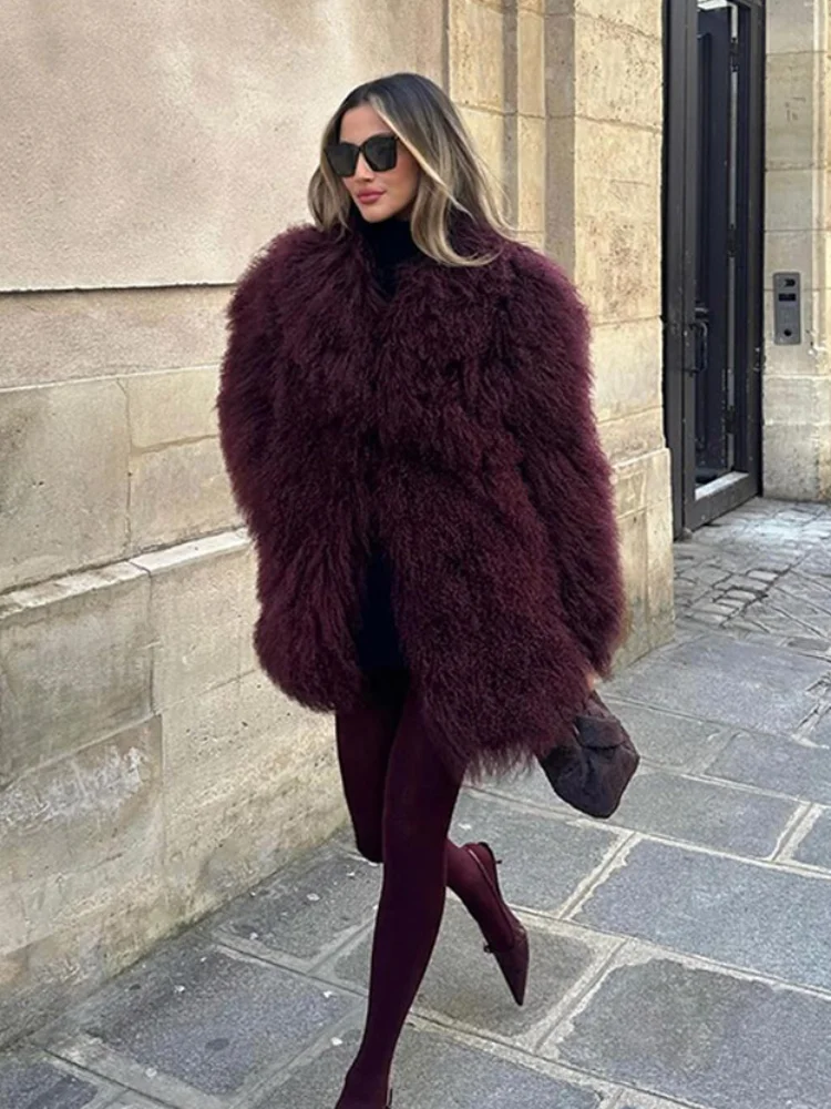 Women\'s Elegant Wine Red Faux Fur Coat Fashion Lapel Long Sleeve Fluffy Plush Warm Outerwear Lady Vintage Winter High Streetwear