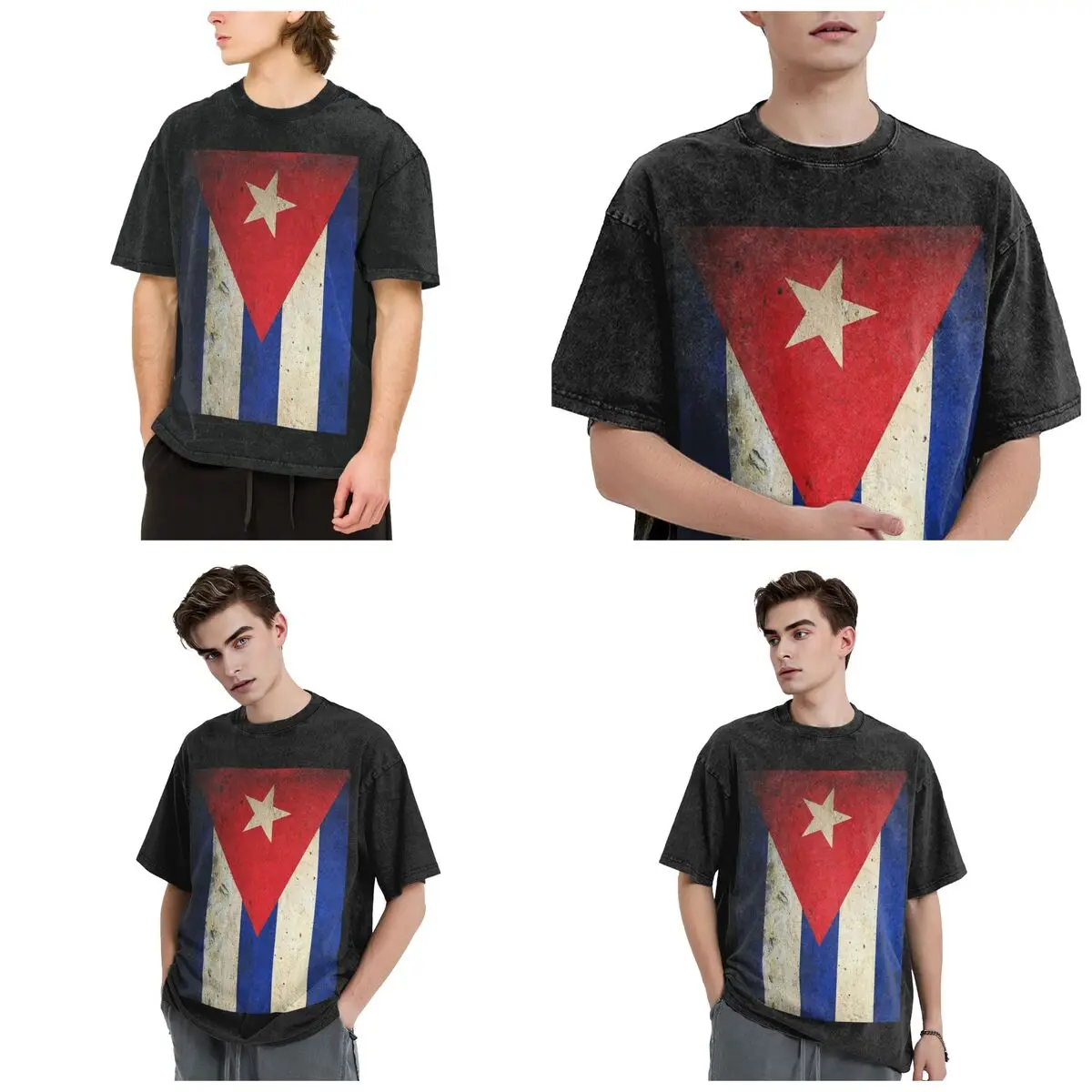 Cuba Cuban Flag Hip Hop Short Sleeve T-Shirts Washed Tops Tees Streetwear T Shirt Oversized for Men woman