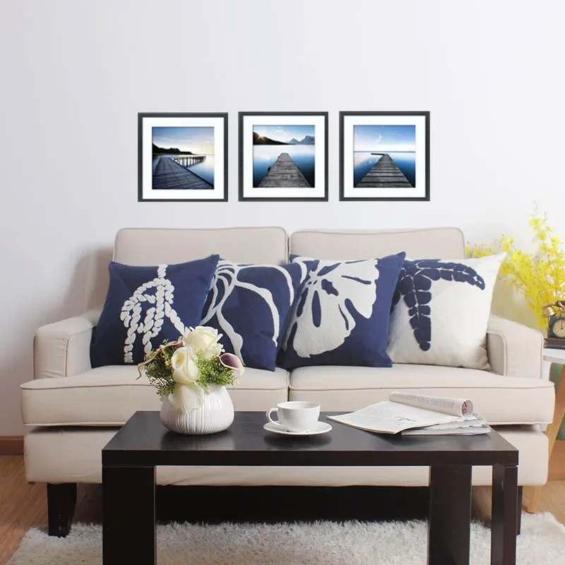 Simple and Elegant Home Decor Pillow Cover with Navy Starfish and Shell Embroidery Cotton Square Cushion Case 45X45Cm