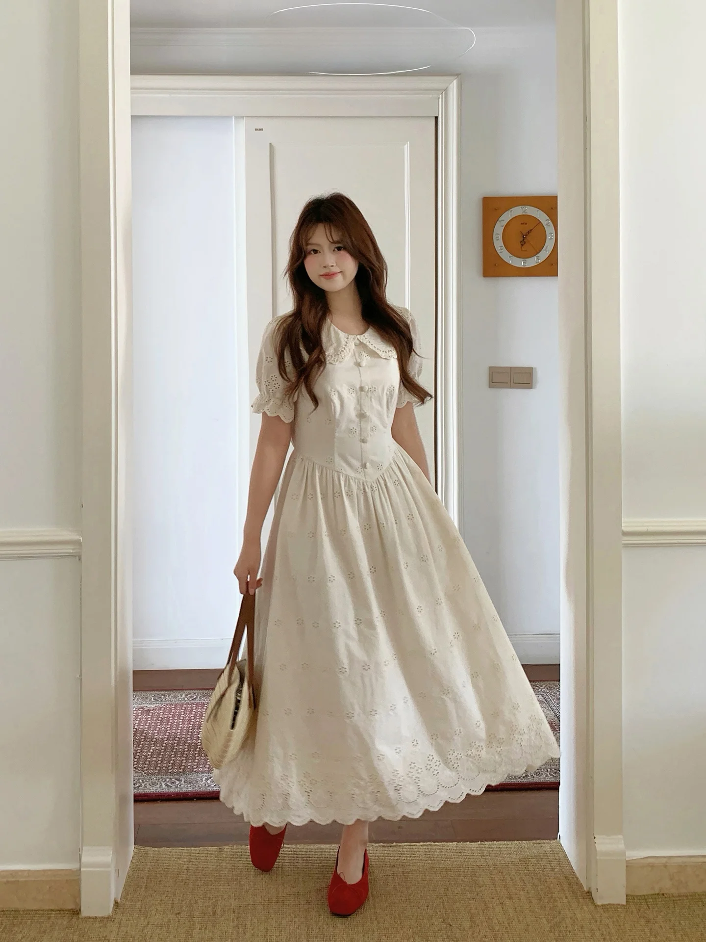 

Spring Summer Embroidered Doll Collar Dress Hollow out Moonlight First Love Skirt Korean Style High Waist Cotton Casual A-Lin...