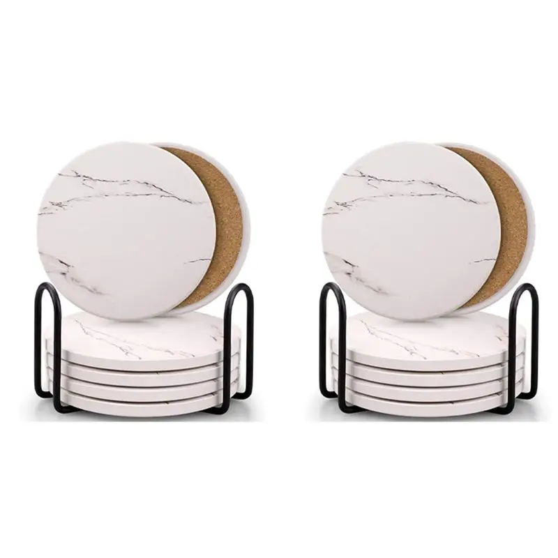 

Coasters For Drinks, Stone Coaster Set With Metal Holder Stand, Marble Surface Pattern Set Of 12 White-ABGL