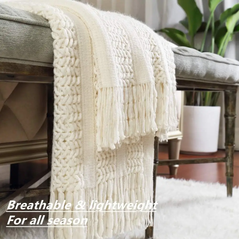 Vintage Cream White Blanket with Tassels Lightweight Knitted Plaid Bohemian Cozy Farmhouse Style Throw Blanket Gift Idea