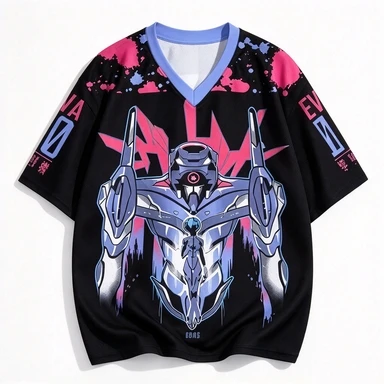 New Century Evangelion Zero Machine, Ayanami Mesh Shirt, Rose Red Splash Ink Graffiti Background, Casual Loose T-shirt