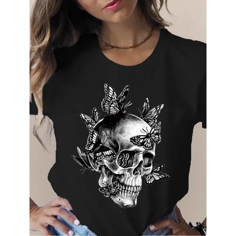 Skull Head Butterfly Flower Print Women T Shirt Short Sleeve O Neck Loose Women Tshirt Ladies Tee Shirt Tops Camisetas Muje