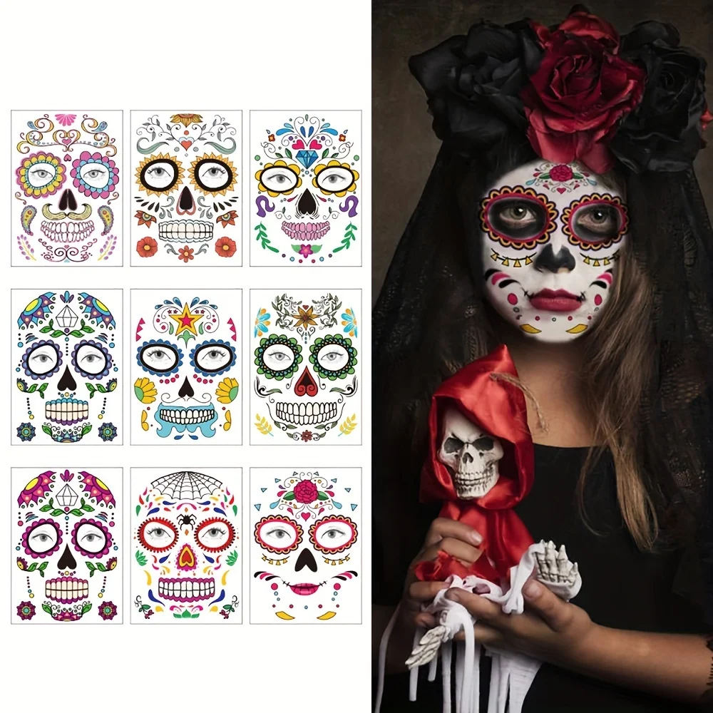 

A set of nine Day of the Dead tattoo makeup set, sugar skull red rose full face tattoo stickers, men's and women's makeup ball