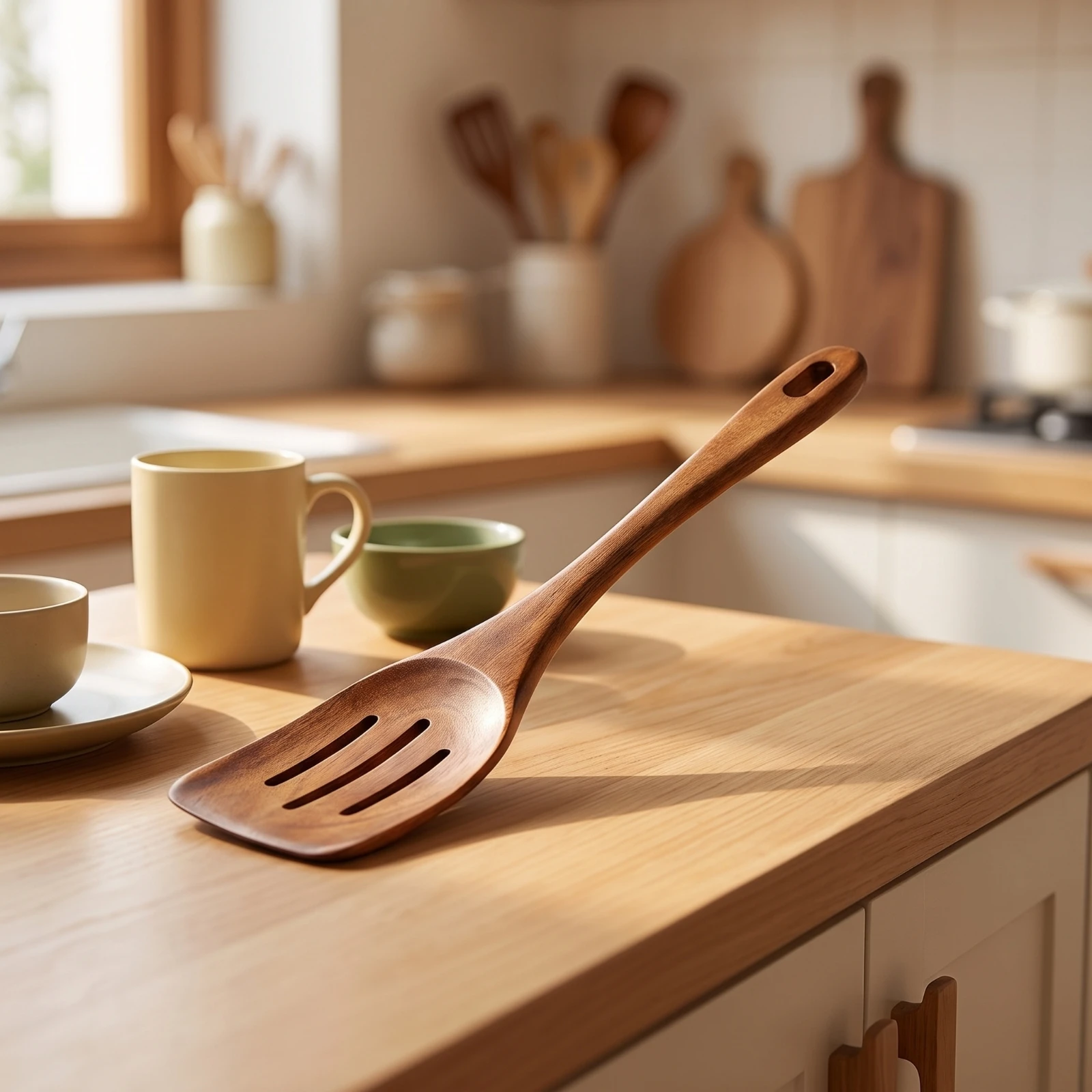 Wooden Spatula Teak Wood Flat Spatula Wooden Spoon Long Handle Spurtle Natural for Home Cooks, Stirring, Serving