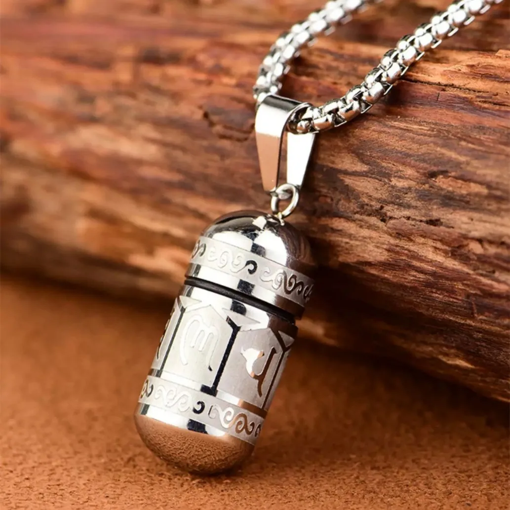 Retro Buddhist Six-Character Mantra Necklace Urns Round Open Pendant for Men Stainless Steel Ashes Memorial Lucky Jewelry