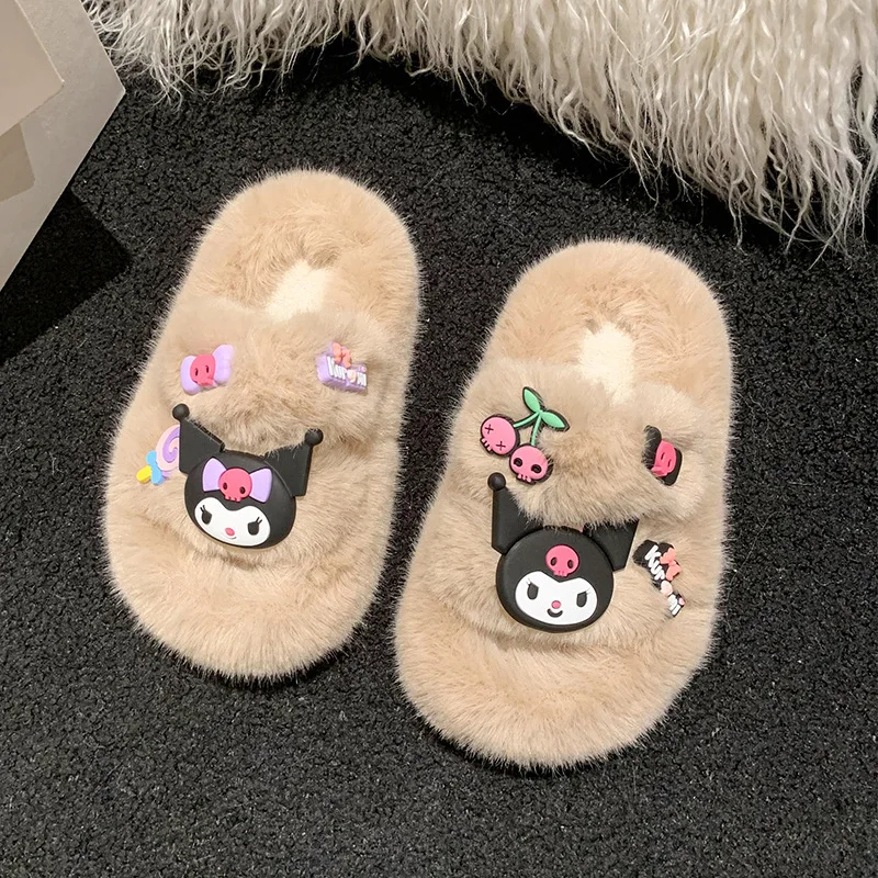 

Популярные детские хлопковые тапочки Sanrio с героями мультфильмов, модная домашняя обувь Kawaii для девочек, сезонная износостойкая меховая подошва, новинка