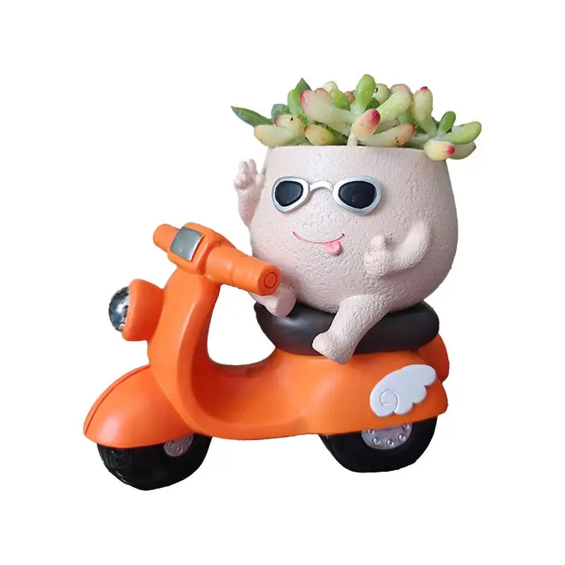 

Decorative Desk Planter Riding A Motorcycle Small Face Head Planter Resin Succulent Planter Ventilation Green Plant Ornament