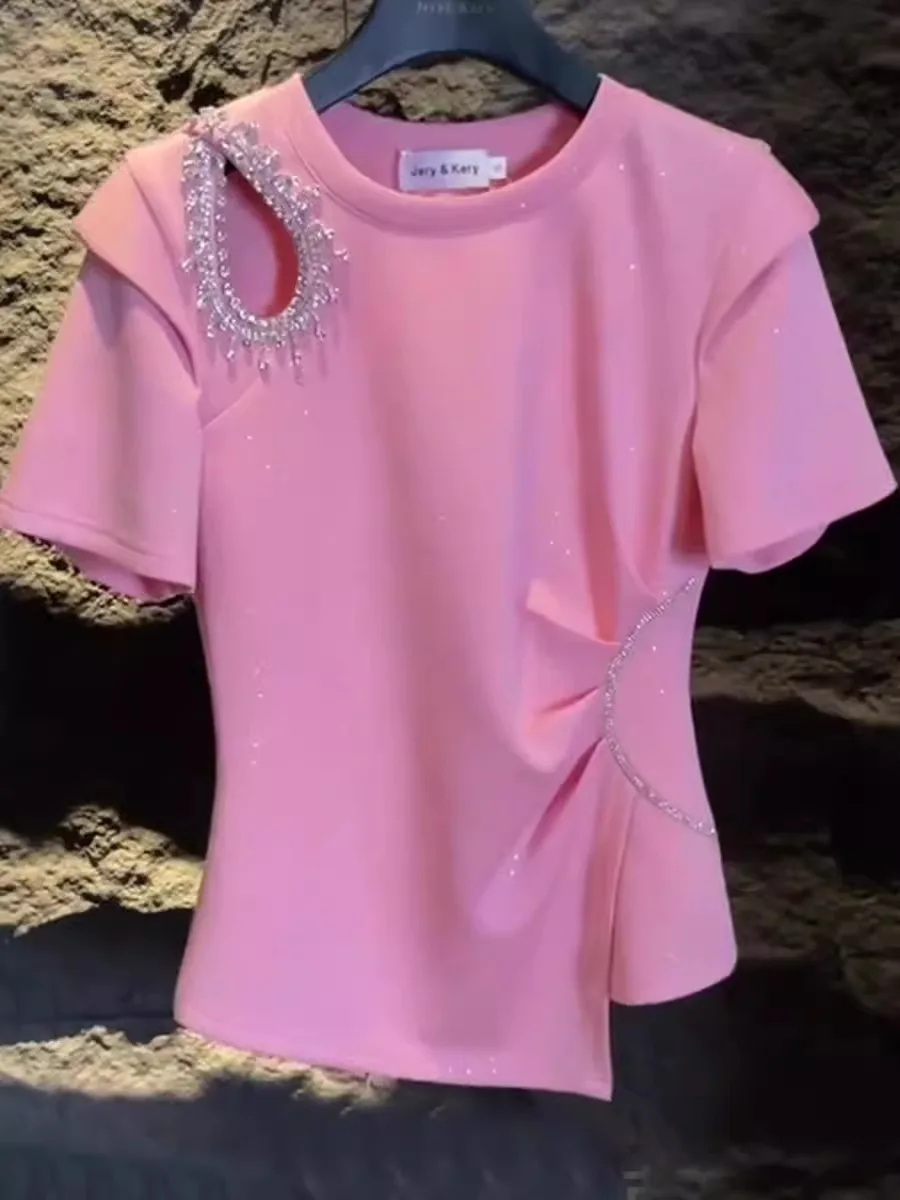 Plus rozmiar wycięcie bez ramiączek nieregularnie damski T-shirt frezowanie wysadzane diamentami Flash Diamond Tees 2024 nowy 150kg Y2k letnie topy