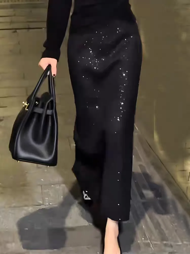 Black Shiny Woolen High Waist Straight Cut Skirt Women's Fashionable Autumn 2026 Commute Versatile  Skirt Elegant Slimming
