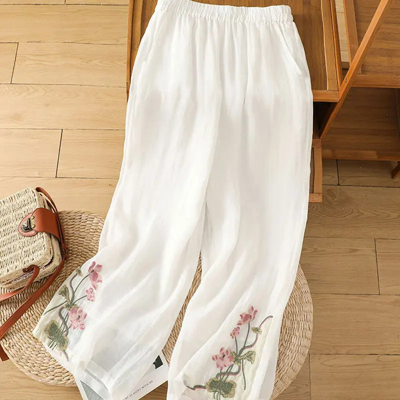 Casual Fashion Embroidery Folk Trousers Vintage Summer Wide Leg Loose Women's Clothing High Waist Elastic Basic Pockets Pants