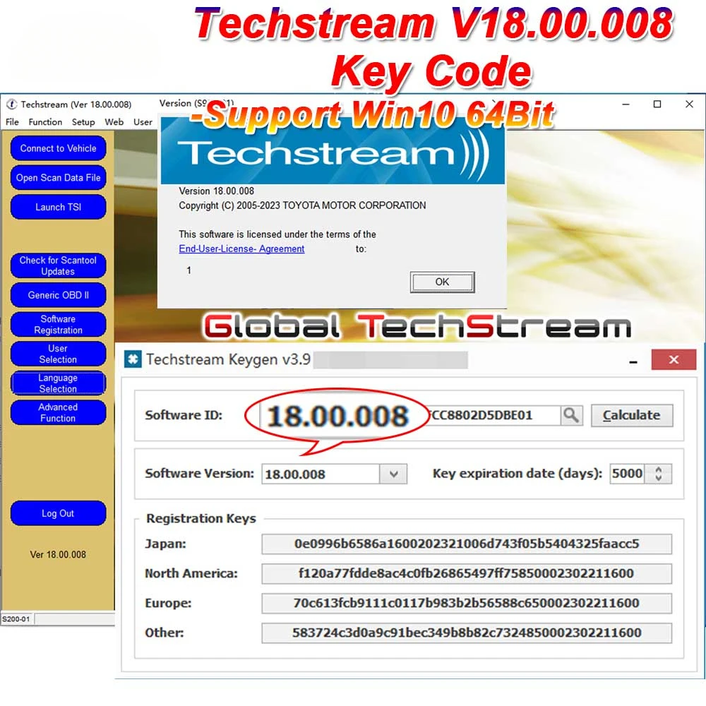 NEW TIS Techstream 18.00.008 software Link and Active Code Work for MINIVCI/Openport 2.0/Otc scanner/V160 Pro J2534 for TOYOTA 