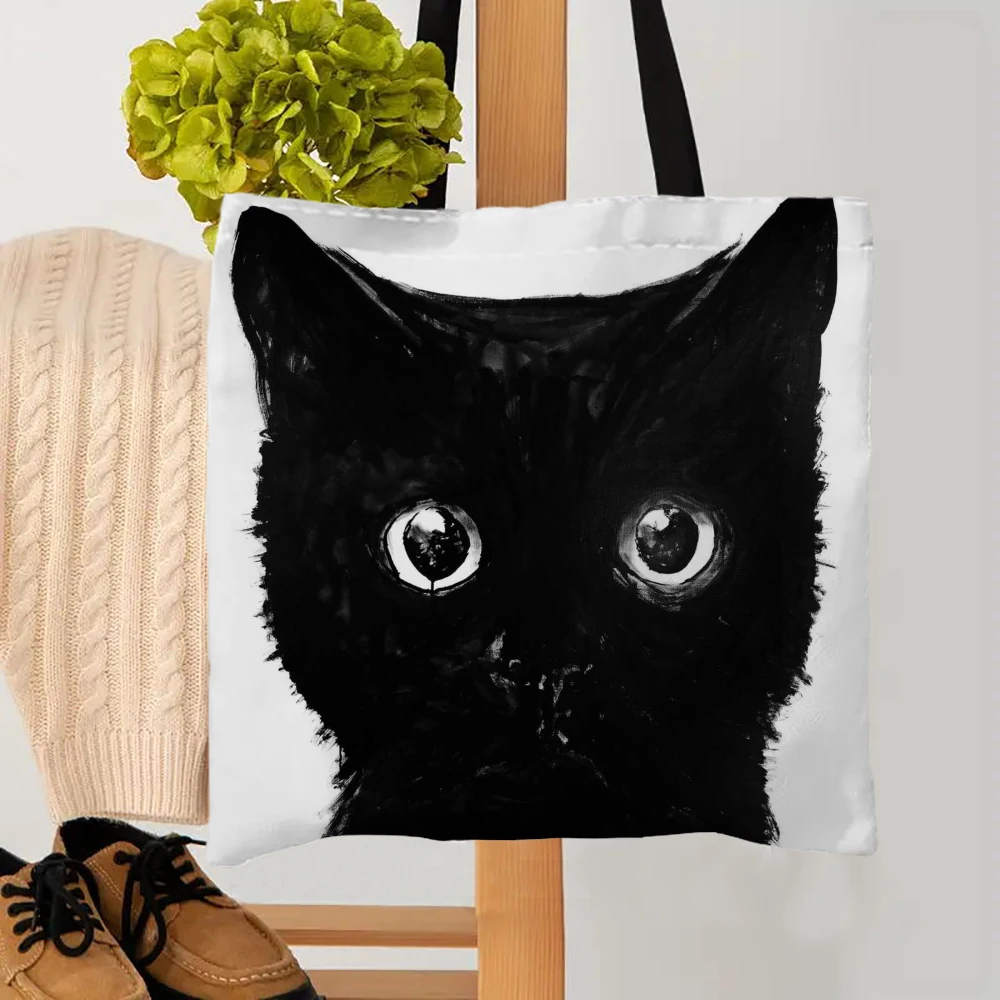 

High Capacity Linen Shoulder Bags Woman Shopping Bags Black Cats Cartoon Manga Tote Bag Beach Bag Shopper Bags Handbags 7.10