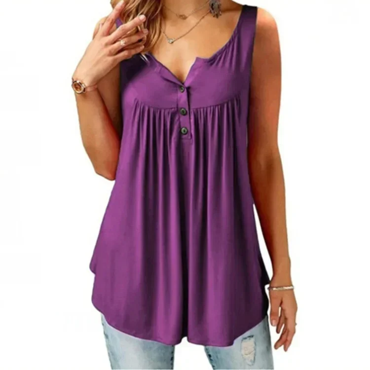 Summer New Solid Color Pleated Sleeveless Women's Casual T-shirt Medium And Long Button Vest 2026 New Product Trend Street Fashi