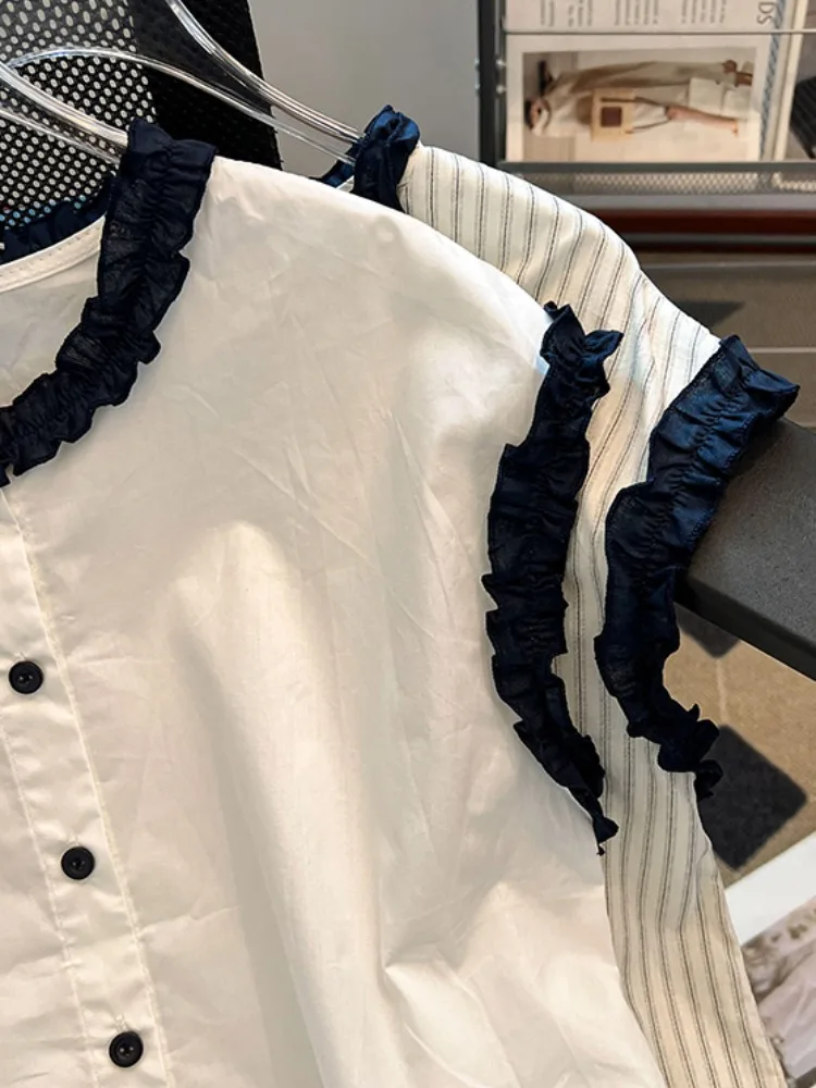 صيف فضفاض Svel مطرز كشكش هيم لصق اللون بلو الذاتي مفتاح Sle المرأة irt الكورية Sle جولة Ne #3