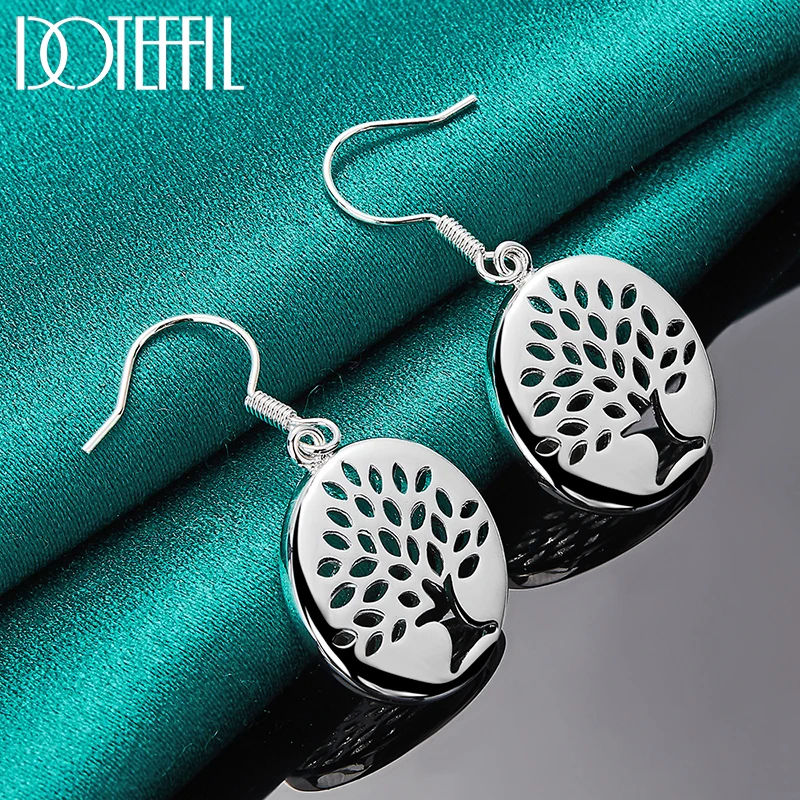 DOTEFFIL 925 Sterling Silver Circle Tree Drop Earring Charm For Woman Jewelry Fashion Wedding Engagement Party Gift