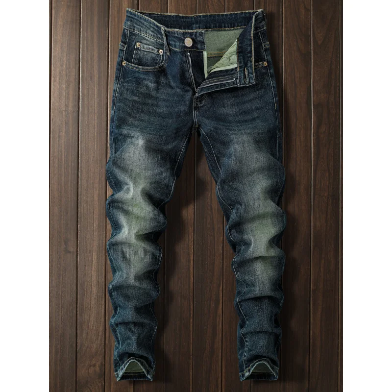 Jeans da uomo retrò blu intenso autunnali, elastici e alla moda, versatili, casual, pantaloni alla moda di strada