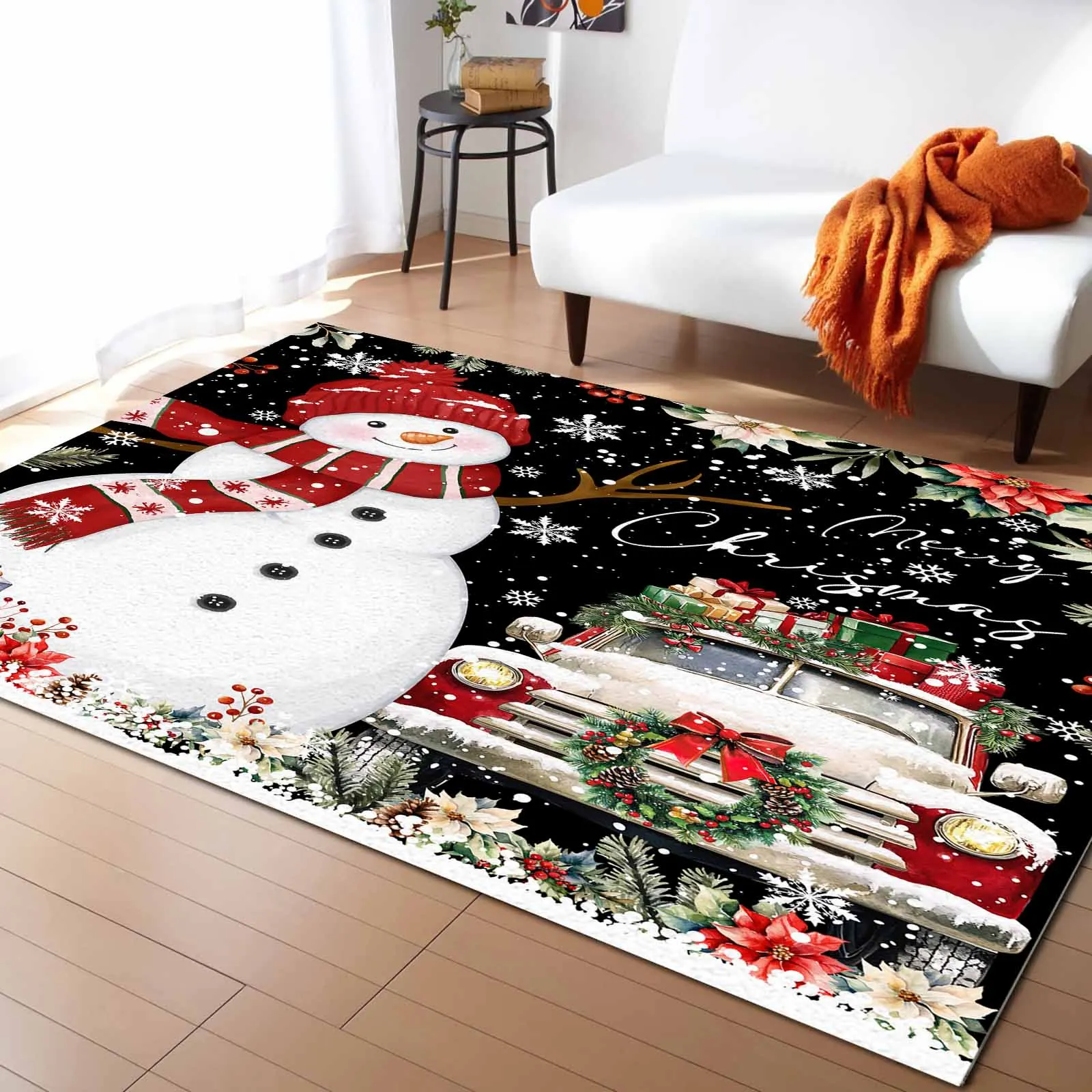 

Christmas And Winter Snowman Poinsettia Living Room Floor Mat Children's Room Bedroom Bedside Carpet Kitchen Door Mat