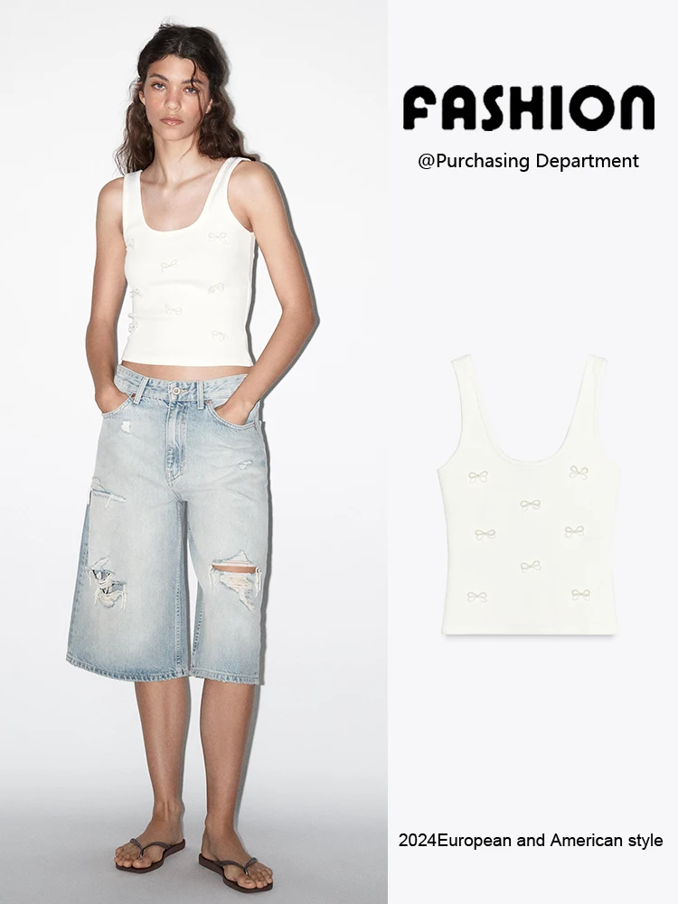 New Summer Women's Slim Fit T-irt with Artificial Pearl And Rhinestone  Knot Design 6050355 Commute Sle ort Sl...