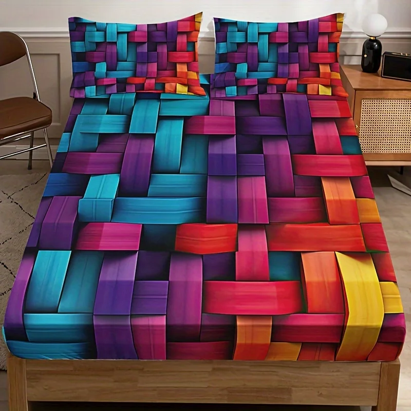 3pcs Colorful Geometric Checkered Bed Sheet Set, 1 Fitted Sheet + 2 Pillowcases (No Inserts), Home Dormitory Print