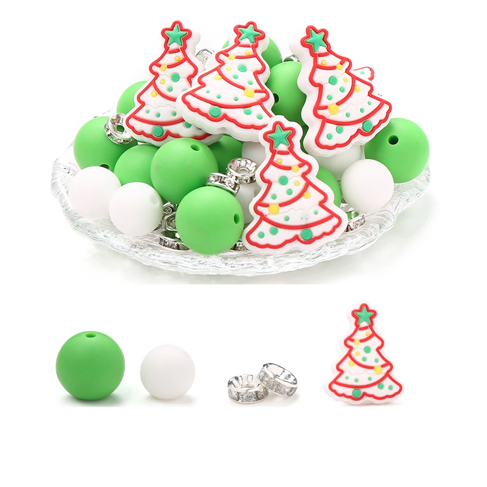 32Pcs Green Silicone Bead Combination Set Suitable For DIY Christmas Baby Christmas Pacifier Chain Clips Teether Chew Toy