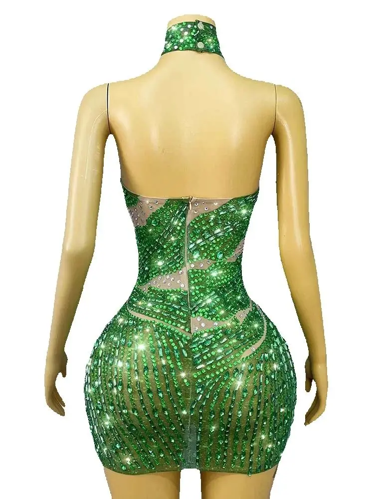 Wysokiej jakości zielona sukienka z cyrkoniami, seksowna, z odkrytymi plecami i wiązaniem na szyi, nowa kolekcja 2025, odzież damska na zamówienie.