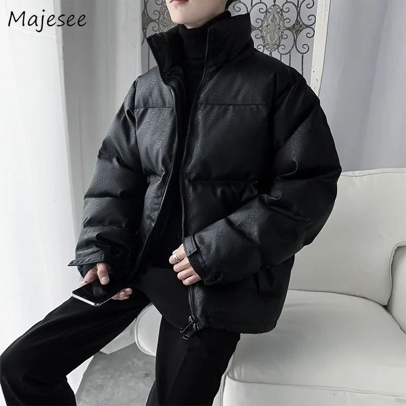 

PU Leather Parkas for Men Winter Thicker Ins Fashion Baggy Korean Style Hombre Solid Stand Outwear All-match Streetwear Handsome