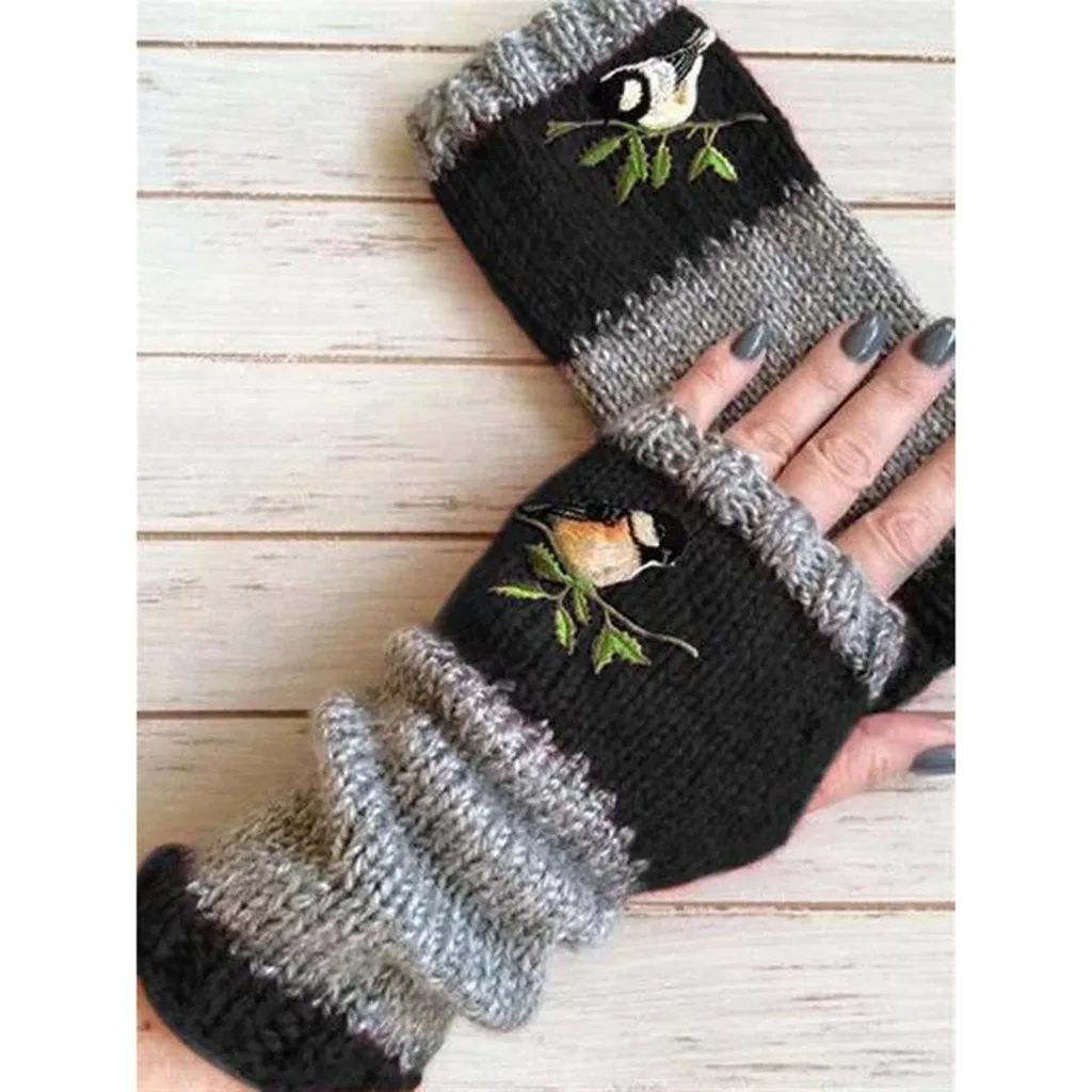 

Hot Women Autumn Winter Glove Bird Embroidered Gloves Knit Fingerless Color Block Mitten Apparel Accessories