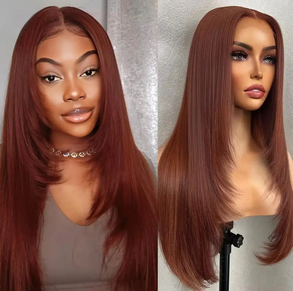 

Reddish Brown Layered Wig Bone Straight Lace Front Wigs 13x4 HD Lace Frontal Wig Synthetic Glueless High Quality Ready To Wear