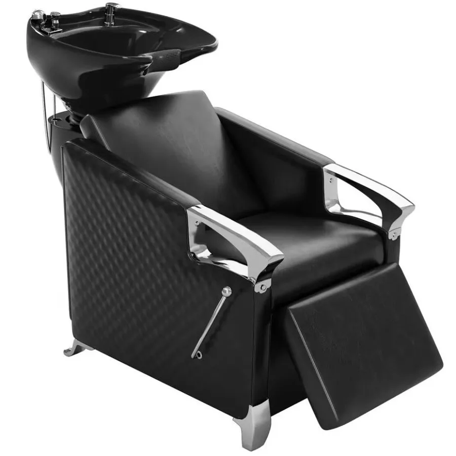 

Shampoo Stations for Salons, Shampoo Bowl and Chair with Tilting Porcelain Bowl and Adjustable Footrest, Black