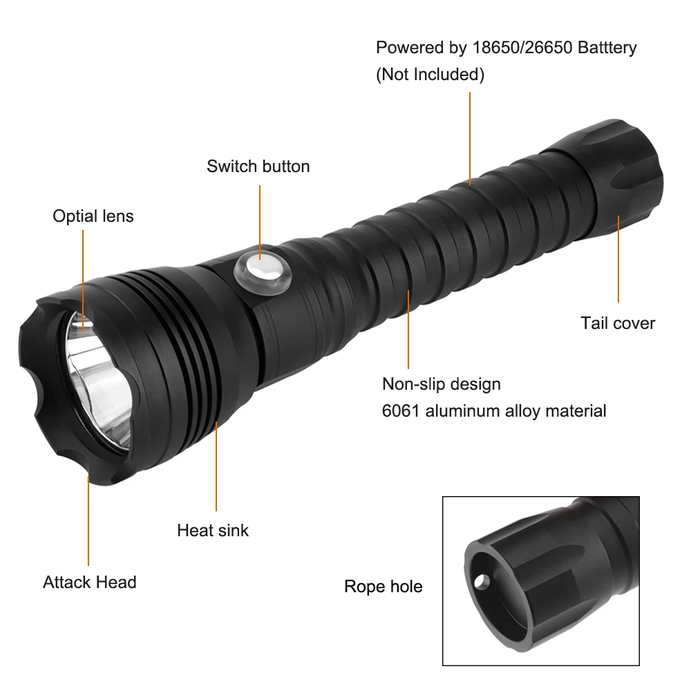 Asafee Deep Diving Flashlight LED Dive Lamp Waterproof Scuba Torch Underwater Lantern Powerful Spearfishing Linterna