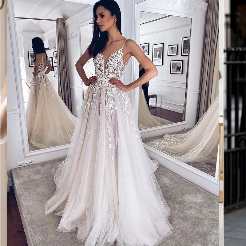 

2023 Sexy Perfect Spaghetti Straps Deep V Neck Wedding Dress for Bride Lace Appliques Gorgeous Bridal Gowns For Women