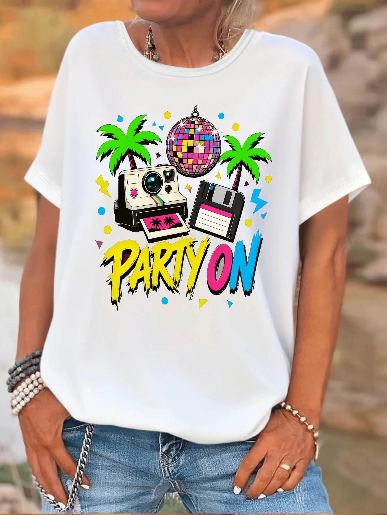 Cute Retro Party On Disco Ball Palm Tree Camera Art Print Graphic Ladies T Shirt Short Sleeve Crew Neck Casual Daily Tee Tops