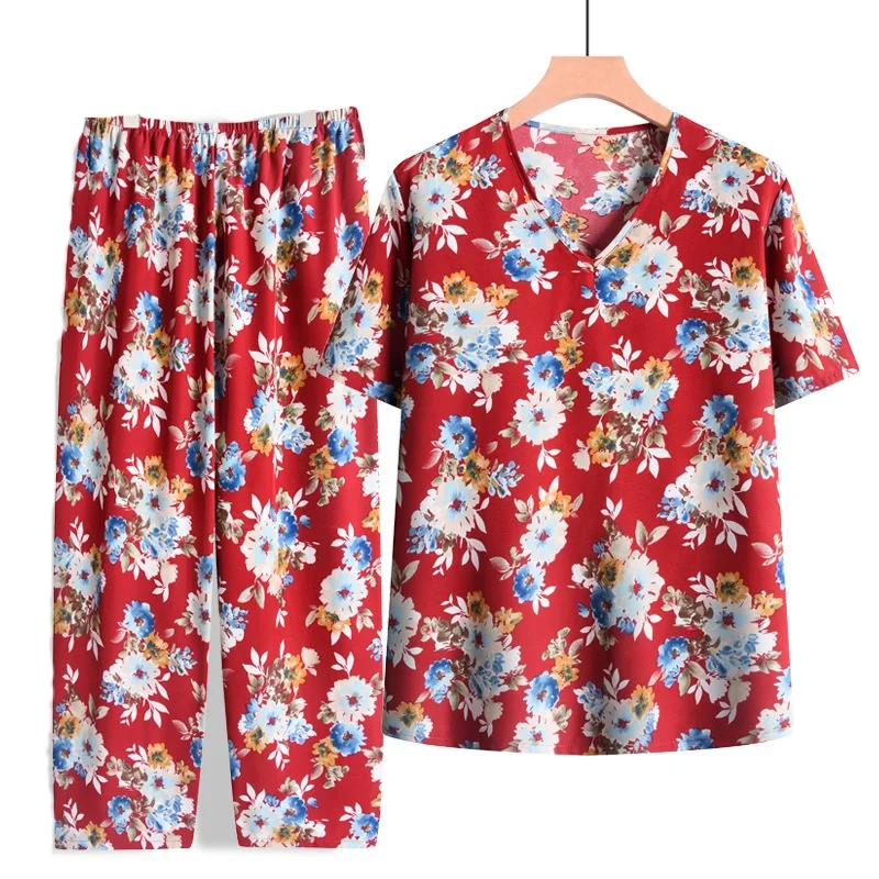 Summer Pajama Sets Women's Home Clothes Short Sleeve Sleepwear Floral Two-piece Middle Aged Mother Pijama Mujer Outside Wear