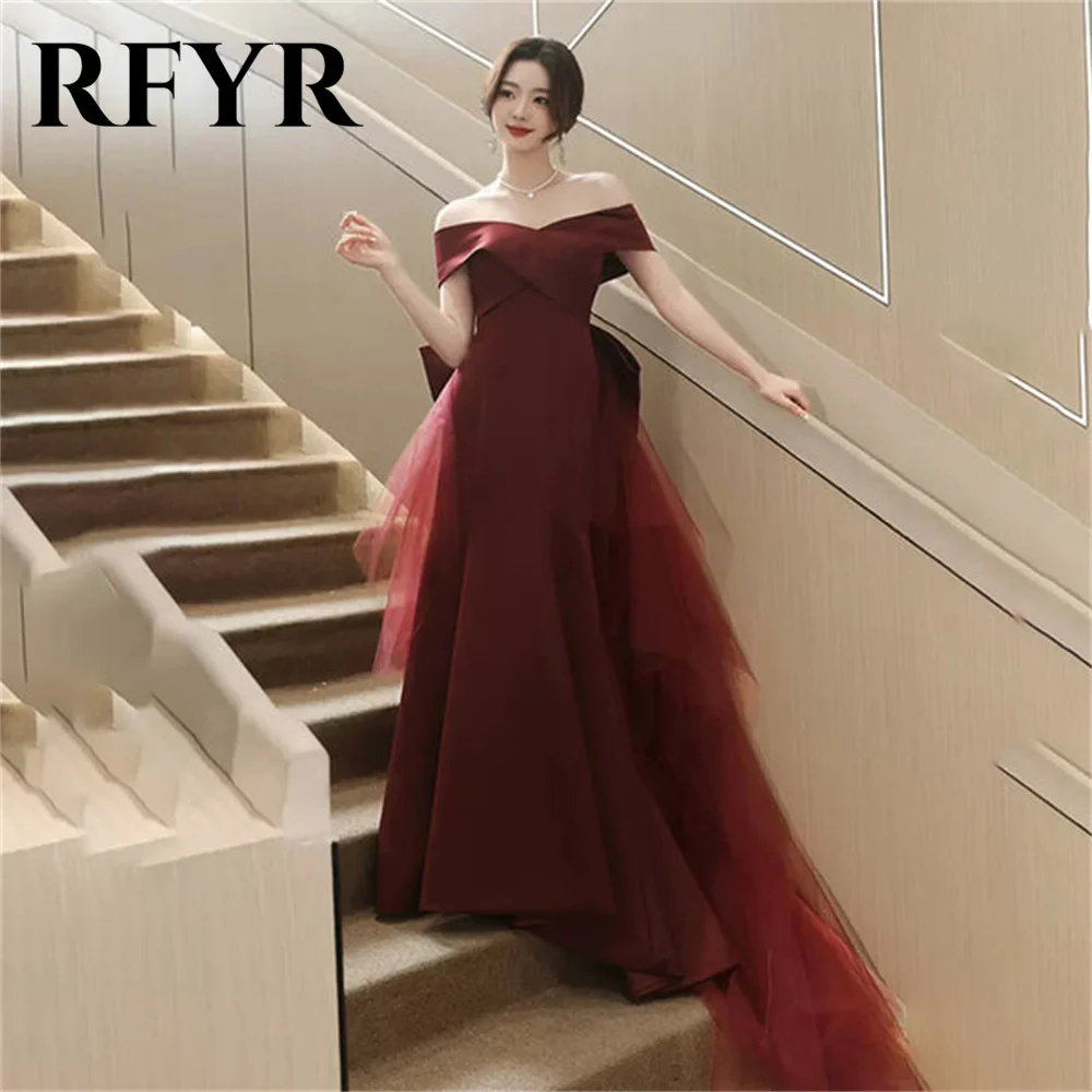 

RFYR Off Shoulder Short Sleeves Special Occasion Dress Burgundy Mermaid Formal Gown Bow Long Evening Dress vestidos de fiesta