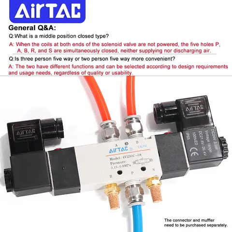 AirTAC 4V130C-06 4V230C-08 4V330C-10 4V430C-15 공압 공기 솔레노이드 밸브 5 포트 3 위치 방향 반전 12V 24V 110V 220V