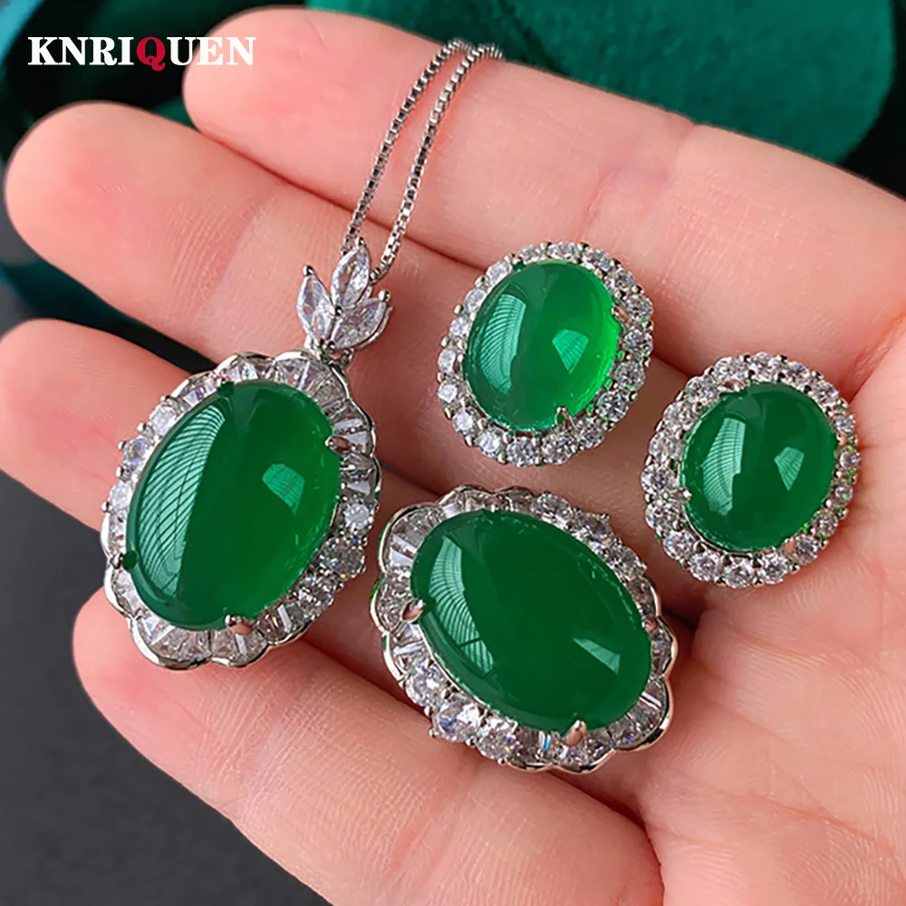 

2023 Trend Vintage Fluorescence Jade Necklace Pendant Ring Earrings Wedding Party Fine Jewelry Sets for Women Gift Accessories