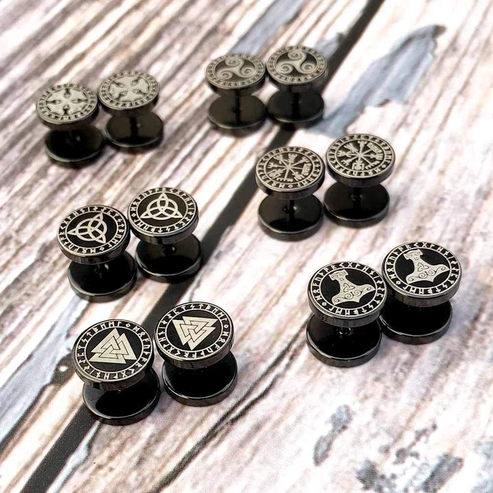 2 Pcs Vintage Norse Viking Runes Barbell Stud Black Earrings for Men Male Boys, Stainless Steel  Black Norse Viking Earring Set