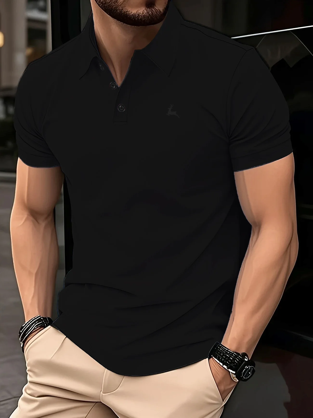 2025 New Style European Men's Summer Business Casual Collar Buttoned Polo Shirt with Deer Embroidery and Slim Fit Shirt Top