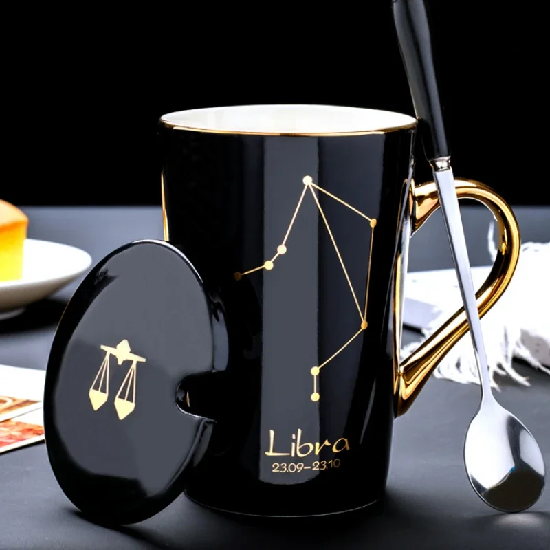 Ceramic Zodiac Mugs with Spoon Lid 12 Constellations Creative Mugs Black Porcelain Milk Coffee Cups Couples Gift Drinkware