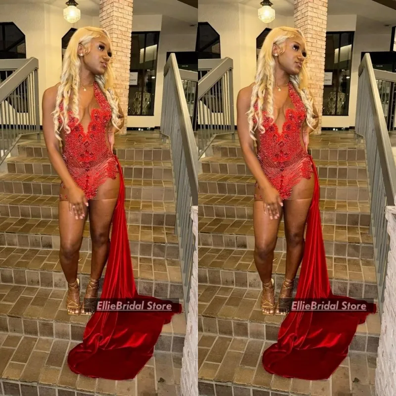 

Red Party Dresses With Train Velvet Halter Crystal Party Outfit Short Prom Cocktail Gowns vestidos de gala Customized