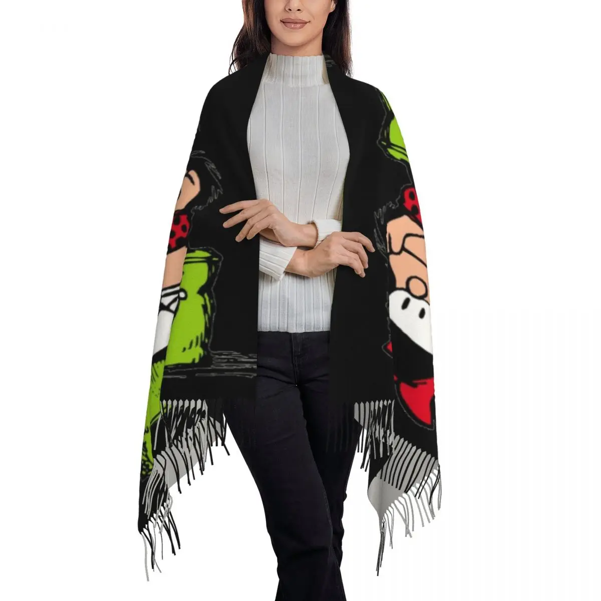 Ladies Long Mafalda Thinking Scarves Women Winter Soft Warm Tassel Shawl Wraps Quino Comic Cartoon Scarf