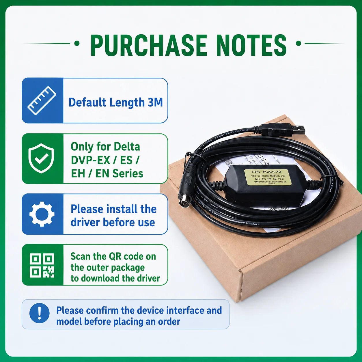USB-ACAB230 Programming Cable Compatible with Delta DVP-EX ES EH EN PLC, 3M USB to RS232 Download Cable with CH340 Chip