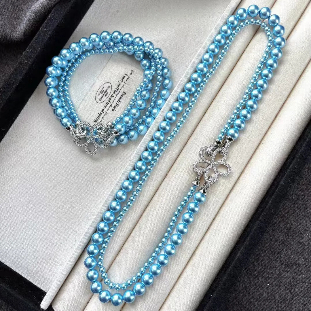 

New retro design detachable double-layer blue enchantress shell pearl collarbone chain sweater chain